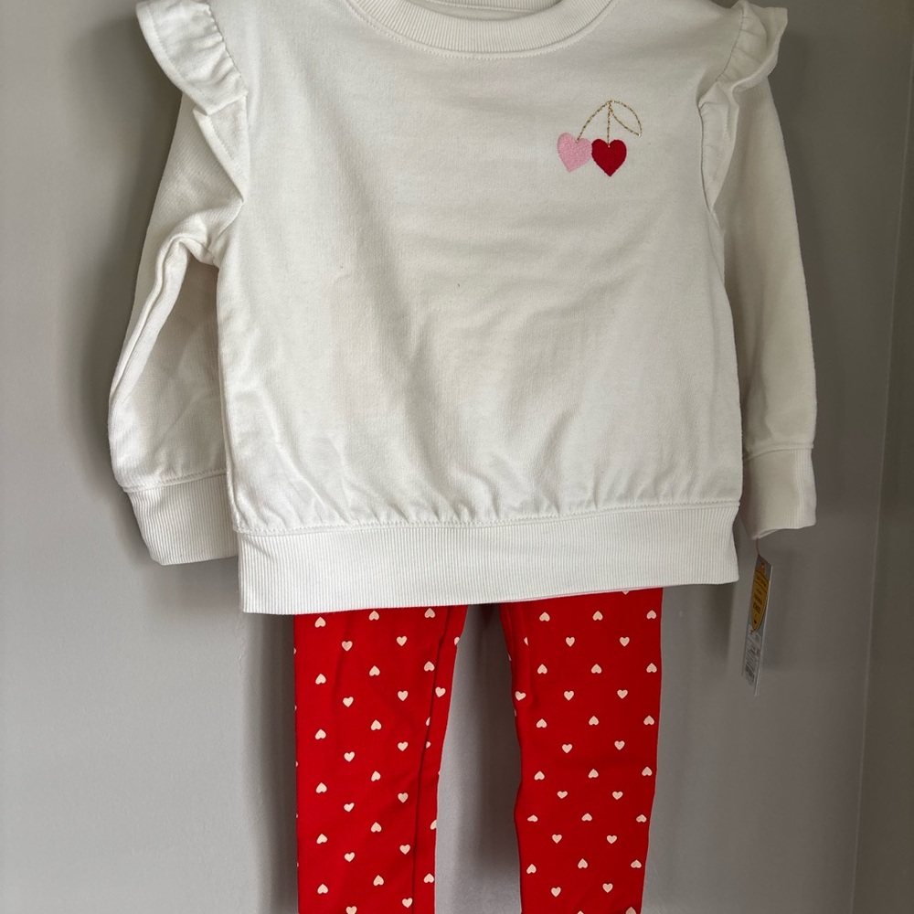 Cream Ruffle Top and Red Heart Leggings Valentines Day Set Toddler Girl 2T
